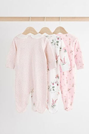 Next Baby % 100 Pamuklu Pembe Çiçek Desenli Dantel Yaka 3'lü Tulum Set