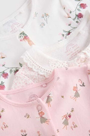 Next Baby % 100 Pamuklu Pembe Çiçek Desenli Dantel Yaka 3'lü Tulum Set