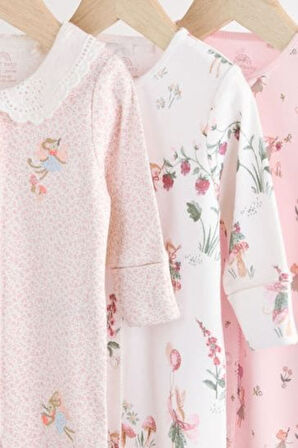 Next Baby % 100 Pamuklu Pembe Çiçek Desenli Dantel Yaka 3'lü Tulum Set