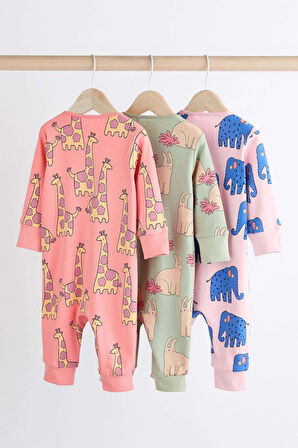 Next Baby % 100 Pamuklu Pembe Hayvan Desenli 3’lü Tulum Set