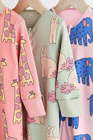 Next Baby % 100 Pamuklu Pembe Hayvan Desenli 3’lü Tulum Set
