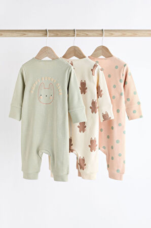 Next Baby % 100 Pamuklu Adaçayı Yeşili Tavşan Desenli 3’lü Tulum Set