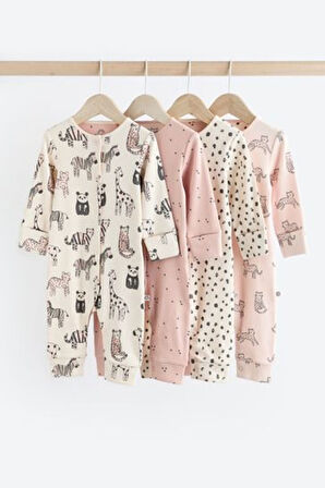 Next Baby %100 Pamuklu Krem Hayvan Desenli 4'lü Tulum Set