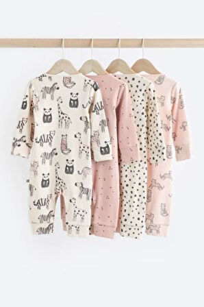 Next Baby %100 Pamuklu Krem Hayvan Desenli 4'lü Tulum Set