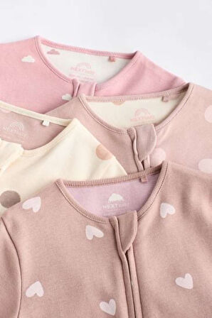 Next Baby % 100 Pamuklu Pembe Kahve Kalp Desenli 4'lü Tulum Set