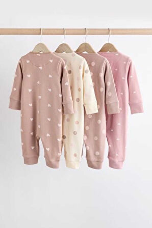 Next Baby % 100 Pamuklu Pembe Kahve Kalp Desenli 4'lü Tulum Set