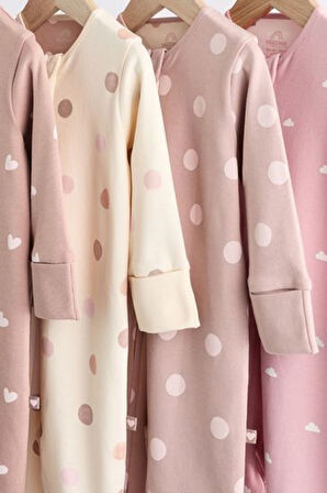 Next Baby % 100 Pamuklu Pembe Kahve Kalp Desenli 4'lü Tulum Set