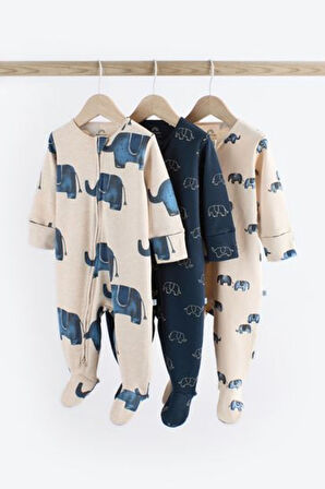 Next Baby % 100 Pamuklu Mvi Fil Desenli 3'lü Tulum Set