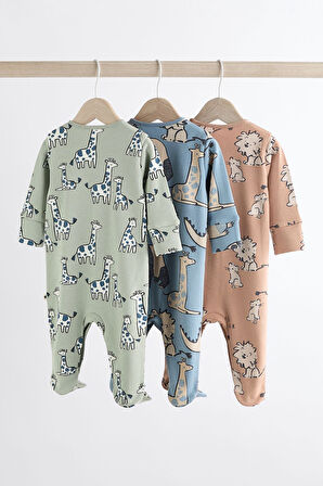 Next Baby % 100 Pamuklu Yeşil Mavi Kahve Hayvan Desenli 3’lü Tulum Set