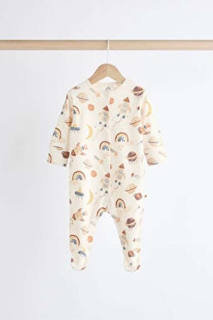 Next Baby % 100 Pamuklu Krem Mavi Uzay Temalı 4'lü Tulum Set