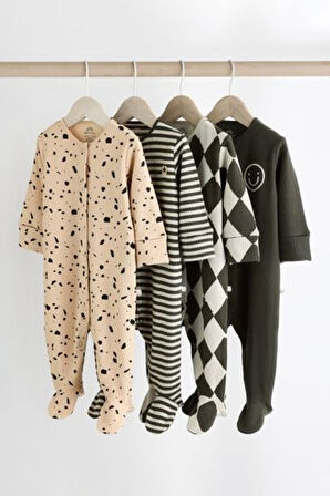 Next Baby % 100 Pamuklu Siyah Krem Şekiller 4'lü Tulum Set