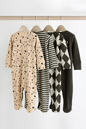 Next Baby % 100 Pamuklu Siyah Krem Şekiller 4'lü Tulum Set