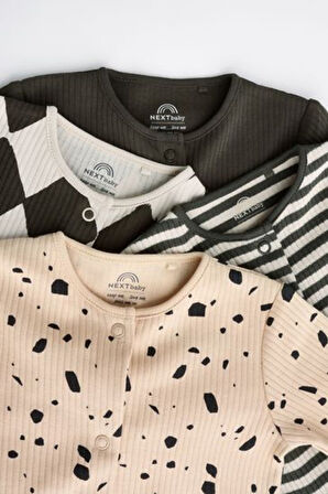 Next Baby % 100 Pamuklu Siyah Krem Şekiller 4'lü Tulum Set