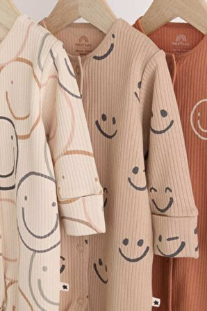 Next Baby Pamuklu Kahverengi Krem Gülen Yüz Desenli 3'lü Tulum Set