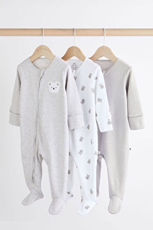 Next Baby % 100 Pamuklu Gri Ayı Desenli 3’lü Tulum Set