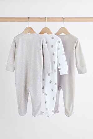Next Baby % 100 Pamuklu Gri Ayı Desenli 3’lü Tulum Set