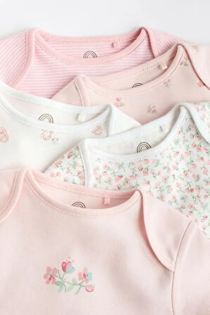 % 100 Pamuklu Pembe Çiçek Desenli Kısa Kollu 5'li Body Zıbın Set