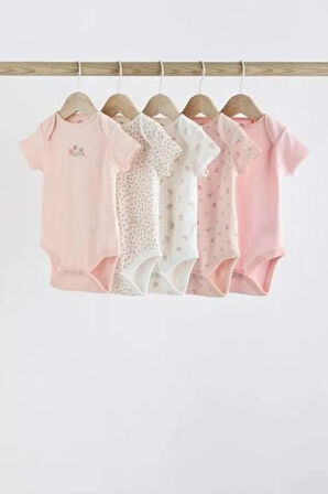% 100 Pamuklu Pembe Çiçek Desenli Kısa Kollu 5'li Body Zıbın Set