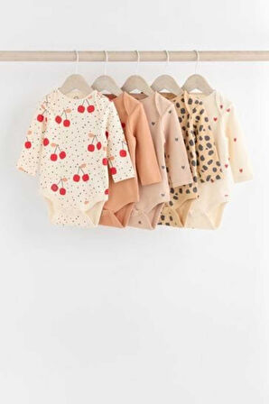 Next Baby % 100 Pamuklu Krem Kahve Kiraz Desenli Uzun Kollu 5'li Body Zıbın Set