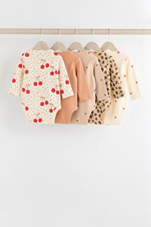 Next Baby % 100 Pamuklu Krem Kahve Kiraz Desenli Uzun Kollu 5'li Body Zıbın Set