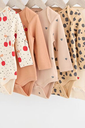 Next Baby % 100 Pamuklu Krem Kahve Kiraz Desenli Uzun Kollu 5'li Body Zıbın Set