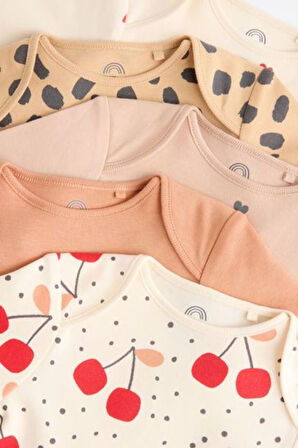 Next Baby % 100 Pamuklu Krem Kahve Kiraz Desenli Uzun Kollu 5'li Body Zıbın Set