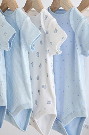 Next Baby % 100 Pamuklu Mavi Ayıcık Desenli Kısa Kollu 5'li Body Zıbın Set