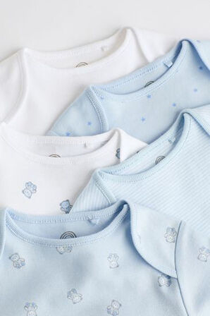 Next Baby % 100 Pamuklu Mavi Ayıcık Desenli Kısa Kollu 5'li Body Zıbın Set