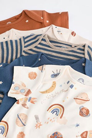 Next Baby % 100 Pamuklu Krem Lacivert Uzay Temalı Kısa Kollu 5'li Body Zıbın Set