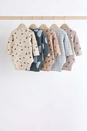 Next Baby Pamuklu Mavi Yıldız Desenli Uzun Kollu 5'li Body Zıbın Set