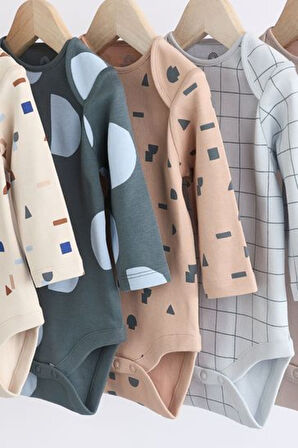 Next Baby Pamuklu Mavi Yıldız Desenli Uzun Kollu 5'li Body Zıbın Set