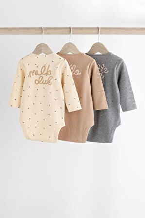 Next Baby % 100 Pamuklu Krem Kahve Uzun Kollu 3'lü Body Zıbın Set