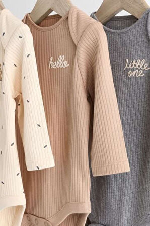 Next Baby % 100 Pamuklu Krem Kahve Uzun Kollu 3'lü Body Zıbın Set