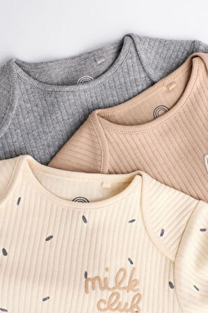 Next Baby % 100 Pamuklu Krem Kahve Uzun Kollu 3'lü Body Zıbın Set