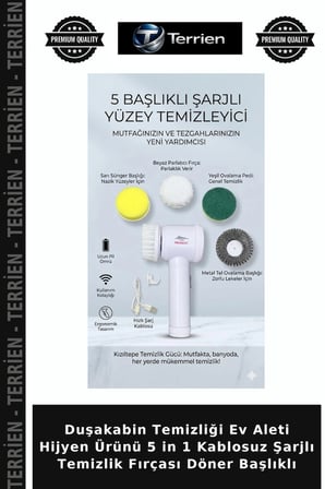 Duşakabin Temizliği Ev Aleti Hijyen Ürünü 5 in 1 Kablosuz Şarjlı Temizlik Fırçası Döner Başlıklı
