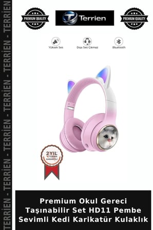 Premium Okul Gereci Taşınabilir Set HD11 Pembe Sevimli Kedi Karikatür Kulaklık
