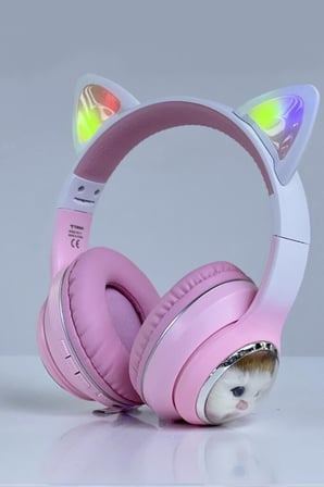 Premium Okul Gereci Taşınabilir Set HD11 Pembe Sevimli Kedi Karikatür Kulaklık