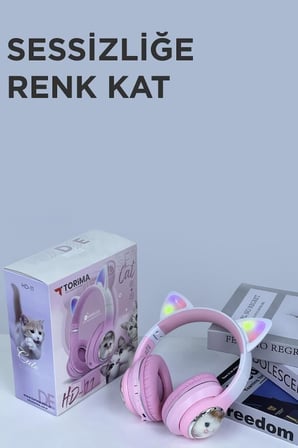 Premium Okul Gereci Taşınabilir Set HD11 Pembe Sevimli Kedi Karikatür Kulaklık