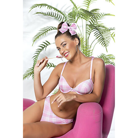 Ekose Desenli, Hafif Destekli, Sütyen Ve Slip Külot Takım Pembe (brf32081)