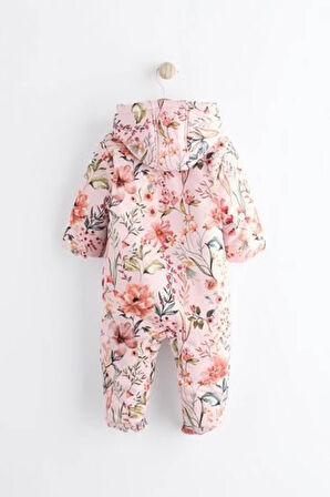 Next Baby Pembe Çiçek Desenli  Tam Polar Astarlı Kapitone  Astronot Tulum