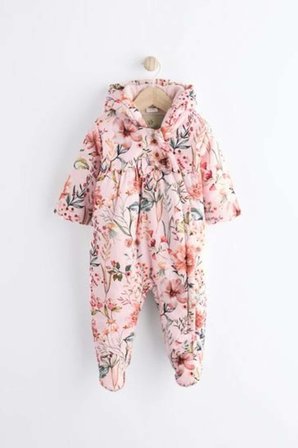 Next Baby Pembe Çiçek Desenli  Tam Polar Astarlı Kapitone  Astronot Tulum