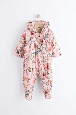 Next Baby Pembe Çiçek Desenli  Tam Polar Astarlı Kapitone  Astronot Tulum