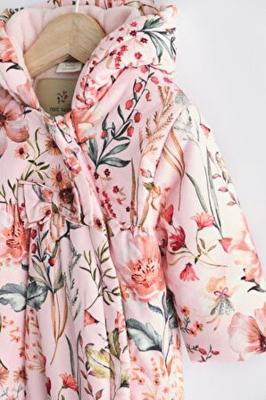 Next Baby Pembe Çiçek Desenli  Tam Polar Astarlı Kapitone  Astronot Tulum