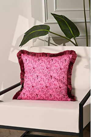 Pembe Kuş Desenli Bordo Saçaklı Kadife Kırlent Kılıfı – 43x43 cm