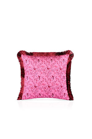 Pembe Kuş Desenli Bordo Saçaklı Kadife Kırlent Kılıfı – 43x43 cm