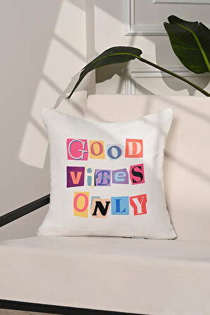 Good Vibes Only Renkli Kolaj Yazılı Kırlent Kılıfı – 43x43cm