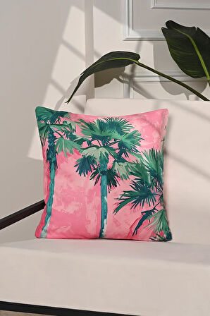 Tropical Sunset Palmiye Desenli Pembe Kırlent Kılıfı – 43x43cm