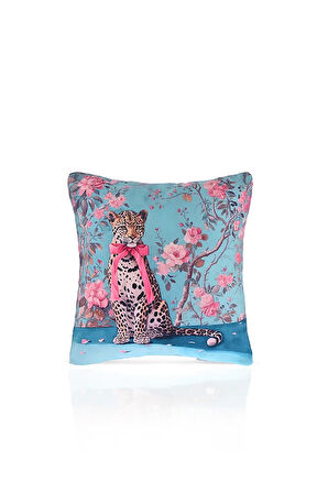 Floral Leopard Pembe Kurdeleli Çiçekli Leopar Kırlent Kılıfı – 43x43cm