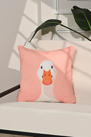 Duck Face Sevimli Kaz İllüstrasyonlu Pembe Kırlent Kılıfı – 43x43cm