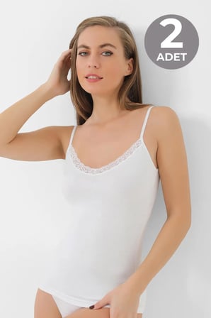 Premium Alternatif Esnek Şönil Kadın Bambu Beyaz V Yaka İp Askılı Dantelli Atlet 2'li Paket